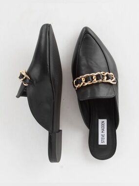 Steve Madden Faine Mule- Black Leather Slip-On Mules with Gold Chain